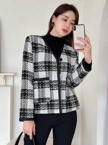 DAZY 格纹图案撞色双口袋粗花呢大衣，秋装女式夹克 - 黑與白 - 查看 6