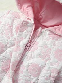 Baby Girl Floral Jacquard Hooded Padded Coat - Pink - View 6