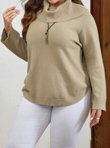 EMERY ROSE 大碼堆堆領素色套頭毛衣 - 杏色 - 查看 3