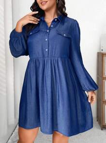 SHEIN LUNE 大碼翻蓋細節燈籠袖襯衫洋裝 - 藏蓝色 - 查看 1