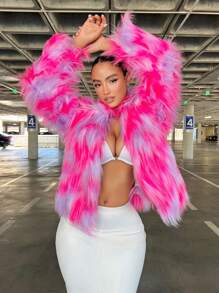 SHEIN SXY 色塊開衩前短毛絨外套,派對穿搭必備 - 玫紅色 - 查看 5