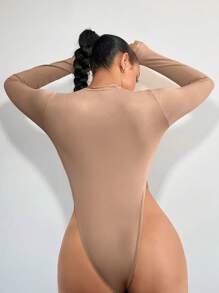 SHEIN SXY 純色高彈性高腰連體褲,適用於新年 - 卡其色 - 查看 3