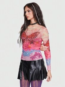ROMWE Butterfly Print Lettuce Trim Mesh Top Without Bra - Multicolor - View 4