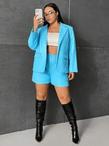 SHEIN EZwear Plus Lapel Neck PU Leather Blazer & Shorts - Blue - View 5