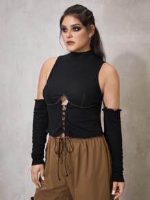 ROMWE PUNK Plus Lace Up Front Top-stitching Mock Neck Top - Multicolor - View 5