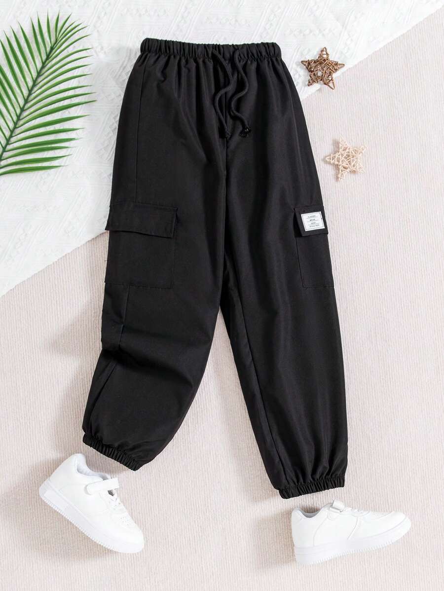 Sparklyn Tween Girl Letter Patched Detail Flap Pocket Drawstring Waist Cargo Pants - Black - View 1