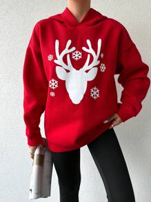 EURMUSE Christmas Elk Print Drop Shoulder Hoodie - Red - View 5
