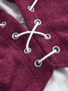 SHEIN MOD Lace lên phía trước Viền không đối xứng Dây Buộc lại Áo thun - Màu Đỏ Sâu - Xem 4