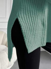 EURMUSE Turtleneck Drop Shoulder Split Hem Sweater - Mint Green - View 5