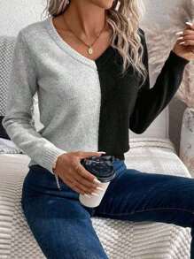 SHEIN Unity Two Tone V Neck Sweater,Long Sleeve Tops In Fall/Winter - Grey - View 3