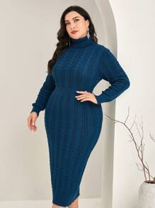 Mulvari 大碼高領麻花編織毛衣洋裝 - 藍色 - 查看 3