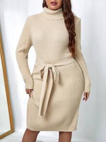 Celure 大碼高領腰帶毛衣洋裝 - 杏色 - 查看 7