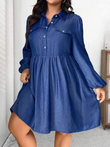 SHEIN LUNE 大碼翻蓋細節燈籠袖襯衫洋裝 - 藏蓝色 - 查看 3