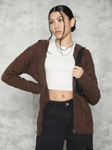 1pc Teen Girl Cable Knit Drop Shoulder Hooded Cardigan - Brown - View 1