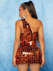 SHEIN SXY Sequin Decor One Shoulder Top & Split Thigh Skirt - Coral Orange - View 2