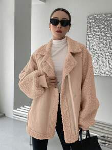 DAZY Lapel Neck Raglan Sleeve Teddy Coat Women Jacket,Fall Women Clothes - Khaki - View 3