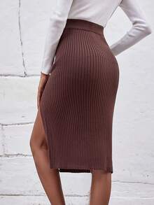 SHEIN Unity Nút phía trước Tách đùi Đồ đan Ribbed Váy - Cà phê nâu - Xem 2