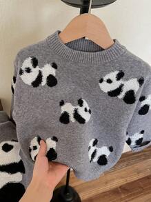 Young Girl Panda Pattern Drop Shoulder Sweater - Grey - View 5