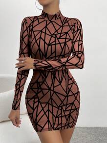 Chiquease Geo Print Mock Neck Bodycon Dress - Brown - View 5