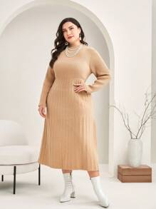 Modelyn Plus Mock Neck Ribbed Knit Sweater Dress - Apricot - View 4