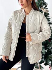 SHEIN EZwear Women's Solid Color Quilted Padded Coat - Light Grey - View 3