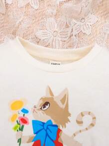 SHEIN Đứa bé gái Đồ họa Hoạt hình Áo nỉ & Vải len vuông Chân Váy xếp ly - Đỏ và trắng - Xem 3