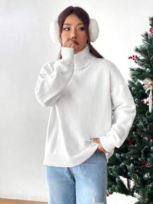 Muchica Áo cao cổ Thả vai Áo len - trắng - Xem 5
