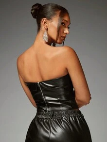 SHEIN BAE Women's Pu Leather Strapless Stretchy Crop Top, Sexy - Black - View 2