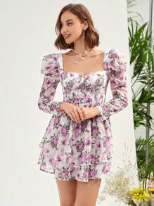 Enchnt 印花雞心領口羊腿袖洋裝 - 粉色 - 查看 4