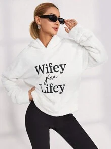 RueChic Letter Embroidery Drop Shoulder Hoodie - White - View 3