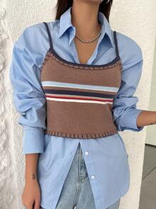 Dazy Star Striped Pattern Cami Knit Top Without Blouse,Fall Clothes - Brown - View 4