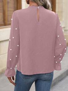 SHEIN Clasi 珍珠串珠荷葉袖褶邊領襯衫 - 粉色 - 查看 2