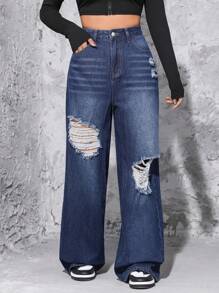 SHEIN Ripped Wide Leg Jeans - Dark Wash - View 3