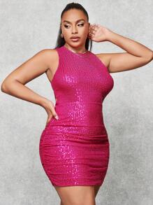 SHEIN BAE Plus Size Ladies' Christmas Party Sequin Dress In Rose Red - Hot Pink - View 5
