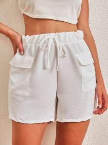SHEIN Túi có nắp Nút eo Cargo Quần short - trắng - Xem 2