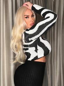 SHEIN SXY Hơn Vai không đối xứng Mẫu đồ họa Áo len Crop - Nhiều màu - Xem 5