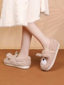 Embroidered Detail Bear Design Fuzzy Novelty Slippers - Khaki - View 3