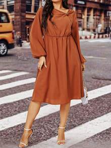 Celure Plus Asymmetrical Neck Lantern Sleeve Dress - Redwood - View 6