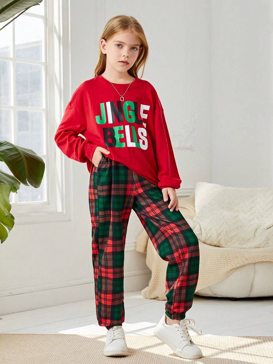 聖誕節 Tween 女孩字母圖案套頭衫和格子印花長褲 - 紅色 - 查看 1