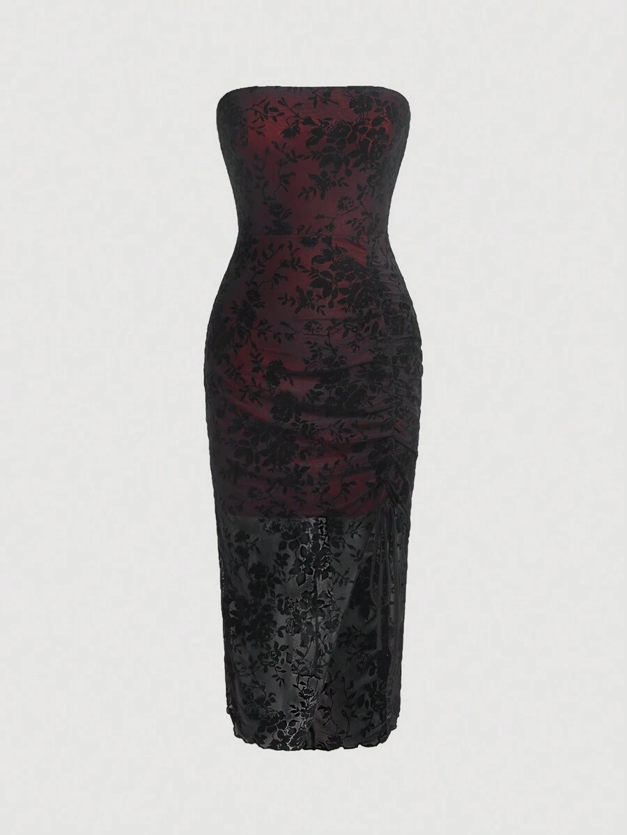 SHEIN MOD In hoa Tách đùi Váy ống - Đỏ - Xem 1