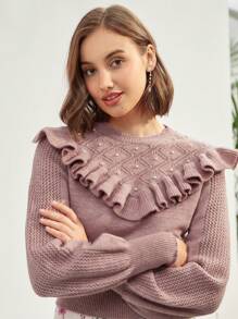 Enchnt Viền Ruffle Ngọc trai đính cườm Tay áo lồng đèn Áo len - Hồng - Xem 6