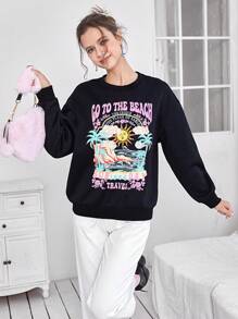 SHEIN EZwear Pullover con estampado de letra y dibujos animados de hombros caídos - Negro - Ver 3