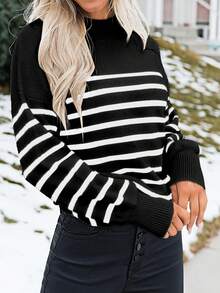 Women Striped Round Neck Batwing Long Sleeve Loose Casual Sweater, Autumn/Winter - Black and White - View 8