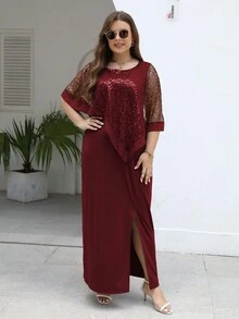 Nemidor Plus Contrast Mesh Split Thigh Dress - Burgundy - View 3