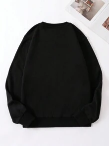 SHEIN EZwear 星球印花保暖内衬套头卫衣 秋季卫衣 - 黑色 - 查看 2