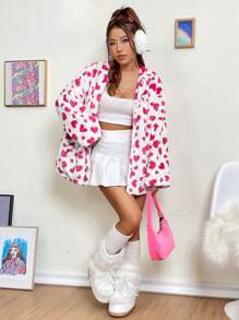 SHEIN EZwear Vrouwen Jas met capuchon Met Hart Geprint Patroon