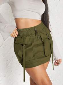 Hauture Flap Pocket Drawstring Waist Cargo Skirt - Army Green - View 1