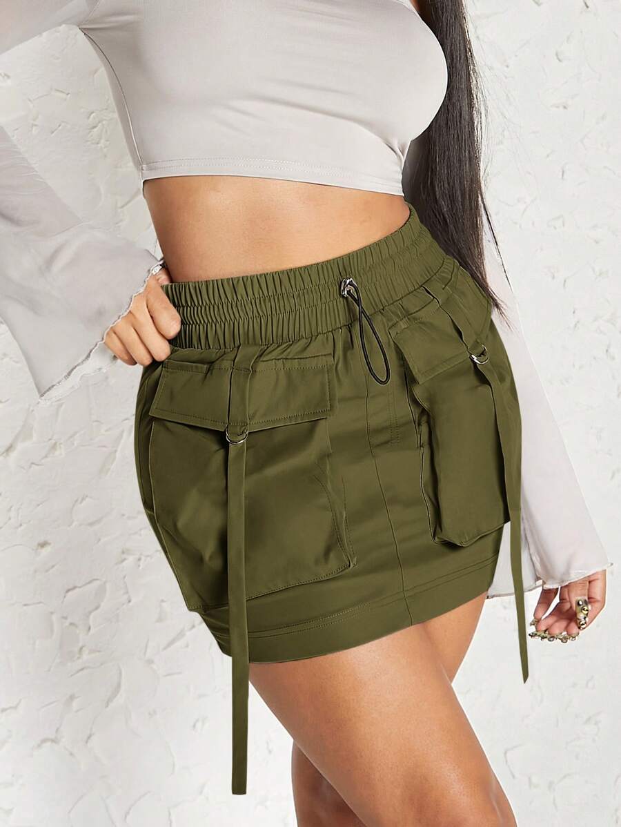 Hauture Flap Pocket Drawstring Waist Cargo Skirt - Army Green - View 1
