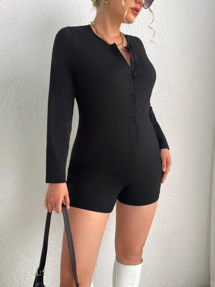 Plus Button Front Unitard Romper