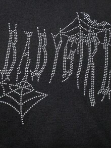 SHEIN Young Girl Rhinestone Letter Pattern Hoodie & Sweatpants - Black - View 4